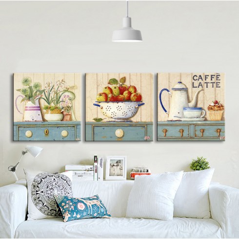 Caffe Latte Sevimli Mutfak Eşyaları Panoramik 3 Parça Kanvas Tablo