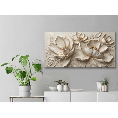 Bej Doku Görünümlü Çiçekler Kanvas Tablo