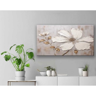 3 Boyutlu Gri Altın Kirli Beyaz Renklerde Çiçek Kanvas Tablosu