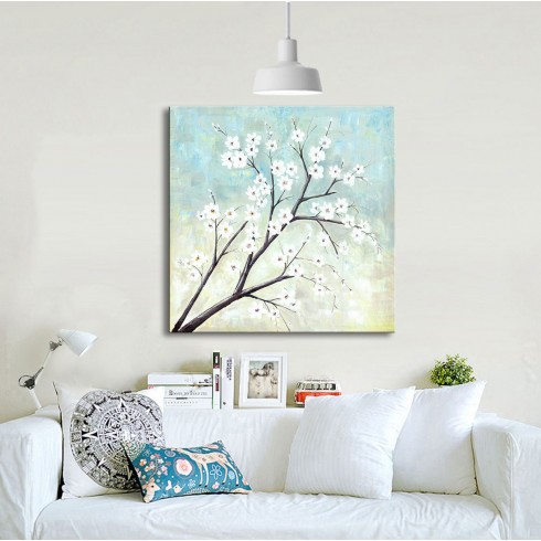 Uçuk Mavi Bahar Dalı Kare Kanvas Tablo