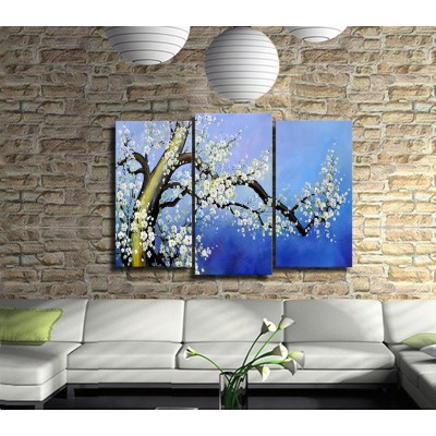 Mavi Bahar Dalı 3 Parçalı Kanvas Tablo