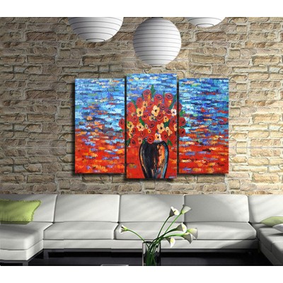 Fırça Darbeleri ile Vazo ve Çiçekler 3 Parçalı Kanvas Tablo