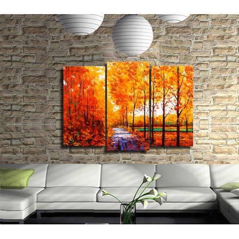 Sonbahar Sarı Yapraklar 3 Parçalı Kanvas Tablo