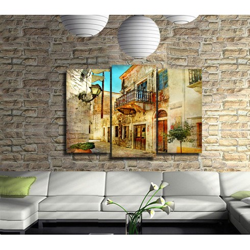 Alaçatı Sokakları 3 Paraçalı Kanvas Tablo
