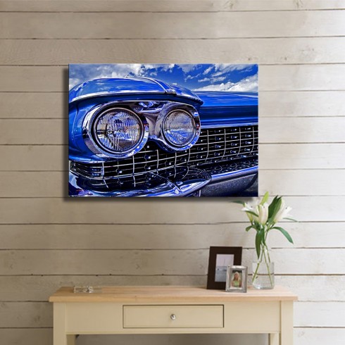 Çift Farlı Klasik Mavi Araba Kanvas Tablo 