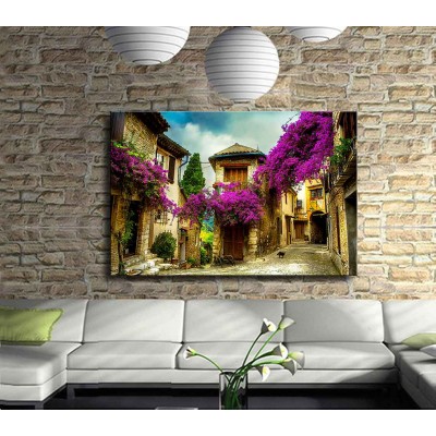 Eski Çiçekli Sokaklar ve Evleri Kanvas Tablo 