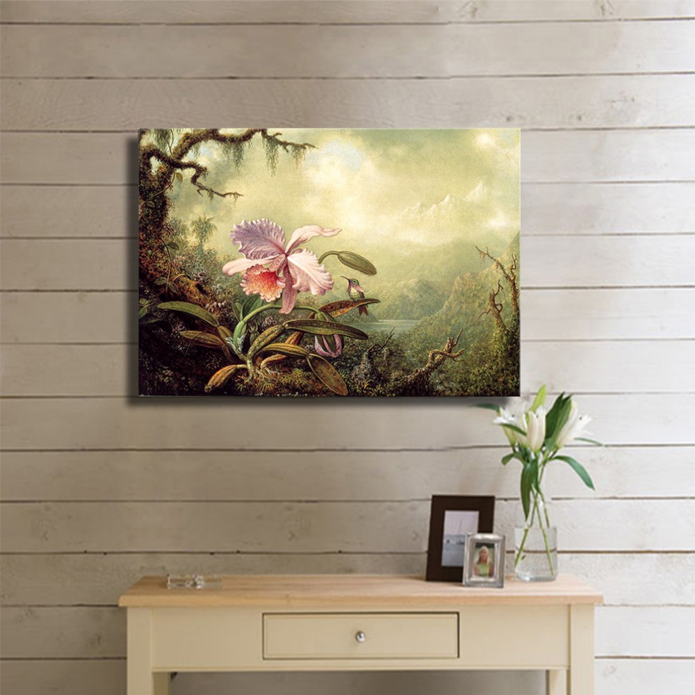 Heade Martin Johnson Heliodore Woodstar and a Pink Orchid Kanvas Tablo