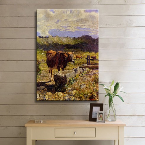 Segantini Giovanni Brown Cow in The Waterhole Kanvas Tablo Segantini Giovanni Brown Cow in The Waterhole Kanvas Tablo