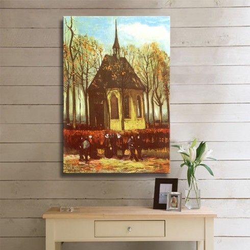 Vincent Van Gogh Congregation Leaving the Reformed Church in Nuene Kanvas Tablo