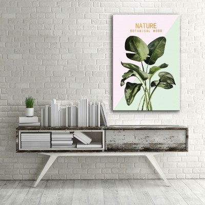 Pembe Yeşil Yapraklar Dikey Kanvas Tablo