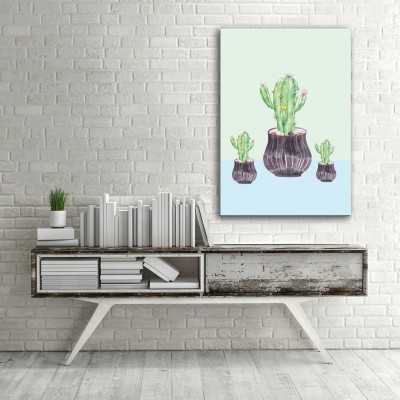 Kaktüs Saksıları Dikey Kanvas Tablo