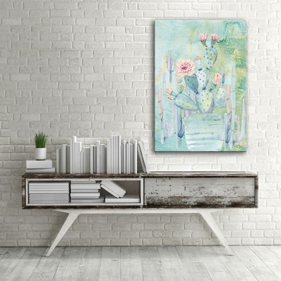 Çiçekli Kaktüs Dikey Kanvas Tablo