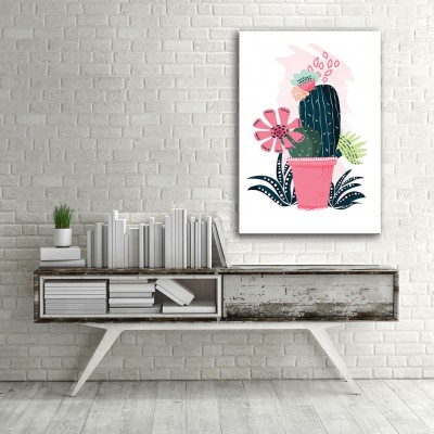 Çiçekli Kaktüsler Dikey Kanvas Tablo