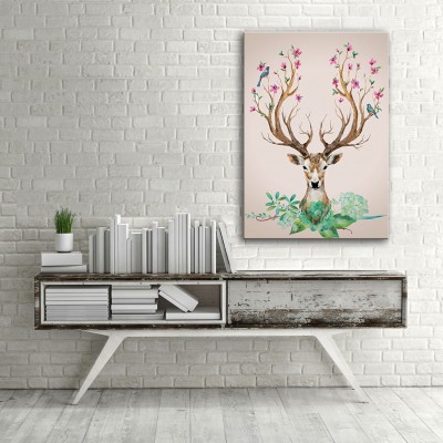 Çiçekli Geyik Kafası Dikey Kanvas Tablo