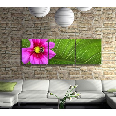 Pembe Çiçekteki Bal Arısı Panoramik 3 Parça Kanvas Tablo 