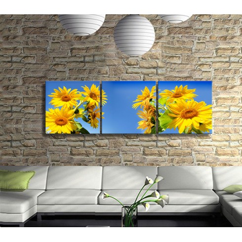 Tek Dalda Kaç Ayçiçeği Olur Panoramik 3 Parça Kanvas Tablo 