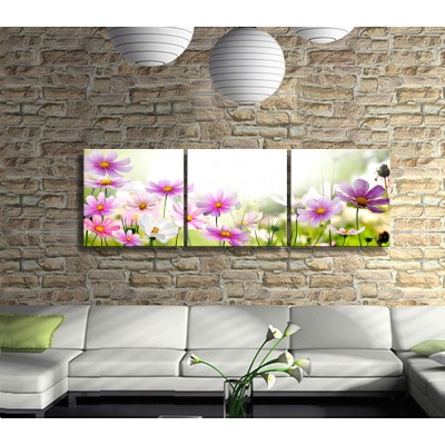 Narin Görüntüsü ile Pembe Çiçekler Panoramik 3 Parça Kanvas Tablo 