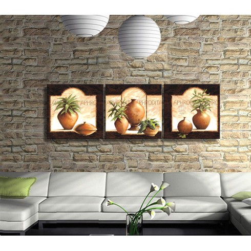 Saksılar Vazolar Çiçekler Panoramik 3 Parça Kanvas Tablo