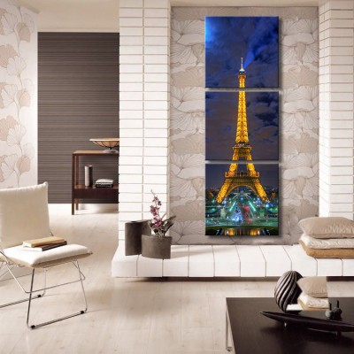 Işıklı Paris Eyfel Kulesi Dikey Panoramik 3 Parça Kanvas Tablo 