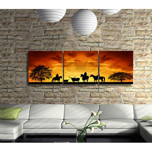 Vahşi Yaşamın Çobanları Kovboylar Panoramik 3 Parça Kanvas Tablo