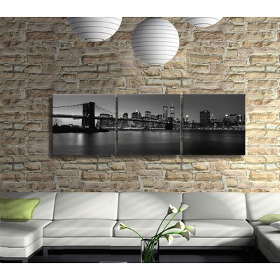 Gecenin Karanlığında Brooklyn ve Gökdelenlere Bakabilmek Panoramik 3 Parça Kanvas Tablo