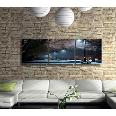 Gecenin Yalnızlığı Sokak Lambaları ve Banklar Panoramik 3 Parça Kanvas Tablo