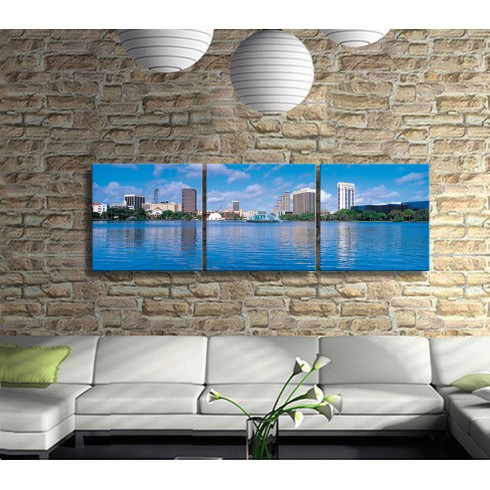 Suyun Yanındaki Yaşam Alanları Panoramik 3 Parça Kanvas Tablo 