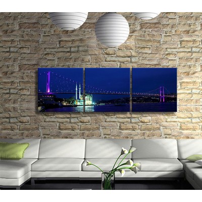 İstanbul Gece Boğaza Nazır Panoramik 3 Parça Kanvas Tablo
