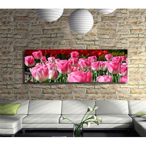 Pembe Lalelerin Bahçesi Panoramik Kanvas Tablo