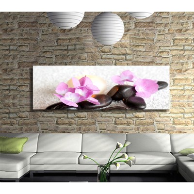 Pembe Çiçekler ve Siyah Taşlar Panoramik Kanvas Tablo