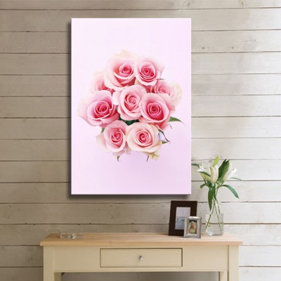 Pembe Pembe Gül Buketi Dikey Kanvas Tablo