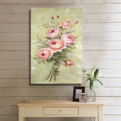 Yağlı Boya Görünümlü Pembe Güller Dikey Kanvas Tablo