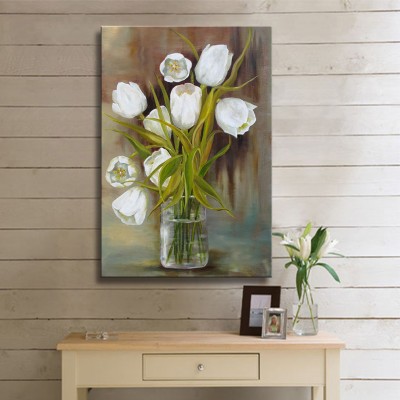 Yağlı Boya Görünümü ile Sonsuzlaşan Laleler Dikey Kanvas Tablo 