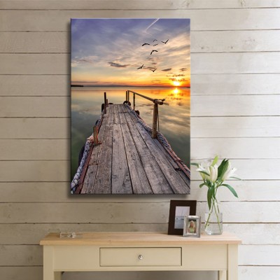 Tahta İskelede Gün Batımı Dikey Kanvas Tablo