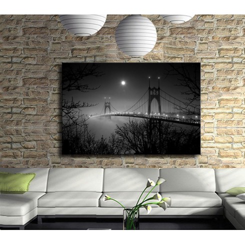 Siyah Beyaz Gecenin İçinde Köprü Manzarası Kanvas Tablo
